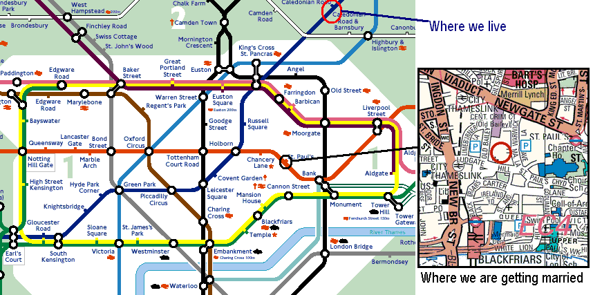 This shows our home and the venue on a tube map